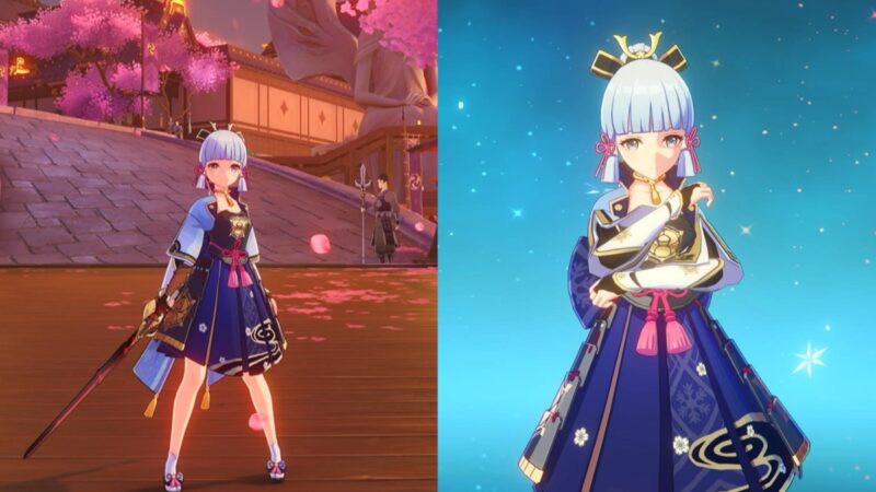 Ayaka stands on a bridge and poses in the menu in Genshin Impact