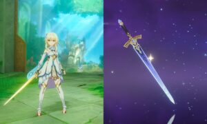 Lumine holding the sword of Narzissenkreuz in Genshin Impact
