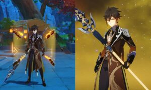 Zhongli poses with various weapons in Genshin Impact