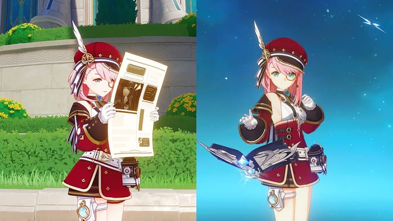 Genshin Impact comp shows Charlotte in Fontaine and holding a weapon.