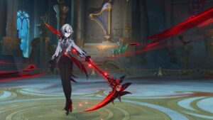 Genshin Impact pity system - a woman wearing gray holds a scythe in battle