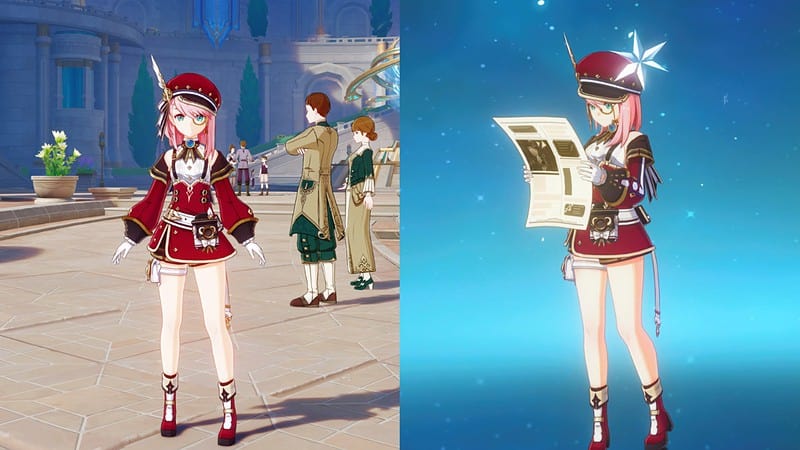 Charlotte from Genshin Impact stands reading a newspaper and in Fontaine.
