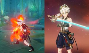 Comp shows Bennett charging and attack and holding a sword in Genshin Impact