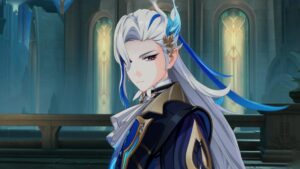 genshin impact best builds for neuvillette - a character with white har wearing blue looks at the screen