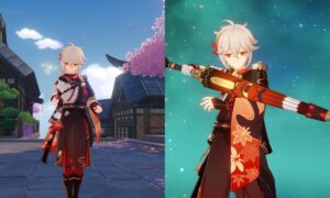 Kazuha best weapons in Genshin Impact - comp shows Kazuha in Inazuma and holding a weapon.