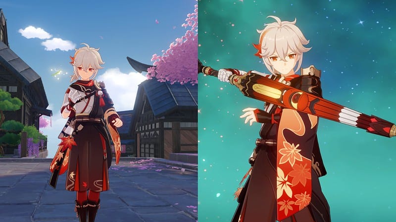 Kazuha best weapons in Genshin Impact - comp shows Kazuha in Inazuma and holding a weapon.