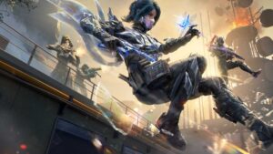 Call of duty mobile season 5 release date - a character wearing sci-fi gear jumpin through the air