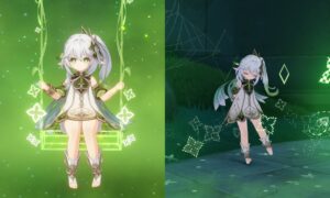 Nahida from Genshin Impact during her idle animation and attacking.