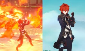 Genshin Impact: Best weapons for Diluc - comp shows Diluc using his Burst and in the menu.