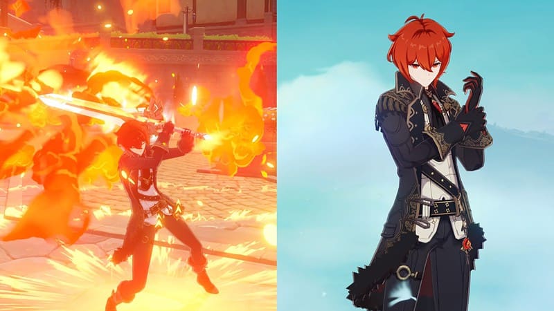 Genshin Impact: Best weapons for Diluc - comp shows Diluc using his Burst and in the menu.