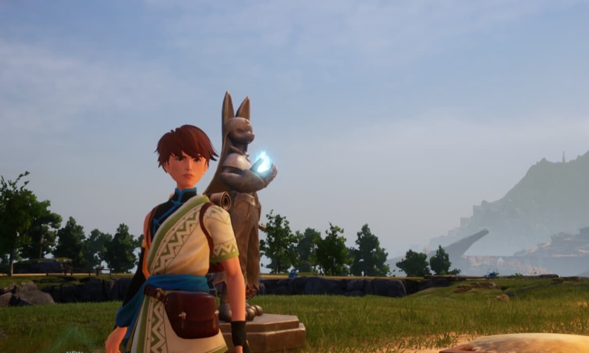 Palworld Refined Ingot - our character poses in front of a statue