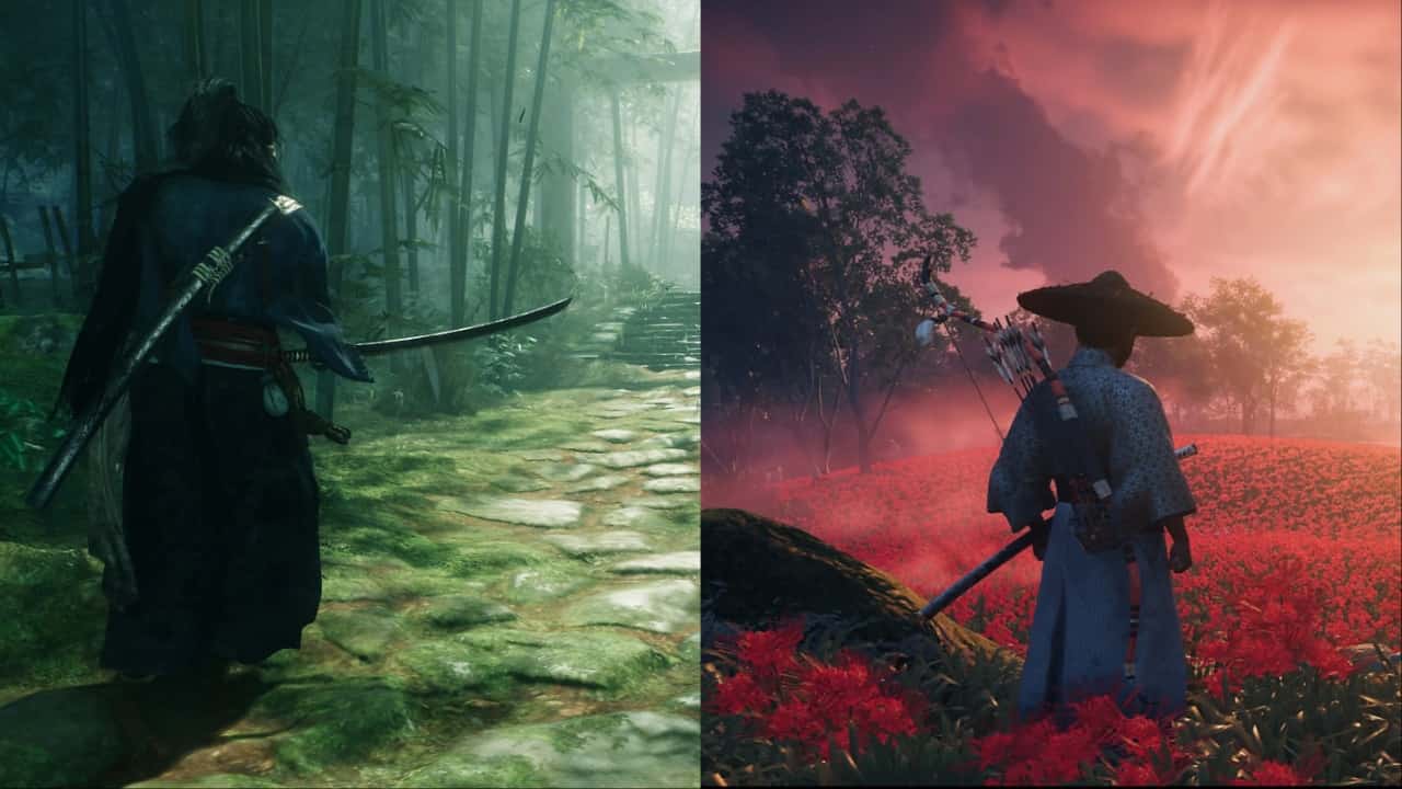 Ghost of Tsushima vs Rise of the Ronin - which game is better: split image shows a screen from both games featuring samurai