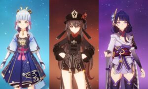 Ayaka, Hu Tao, and Raiden comp in Genshin Impact.