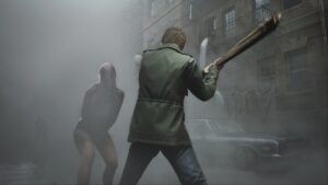 A man holding a wooden weapon faces a human-like creature in a foggy alley, reminiscent of scenes from Silent Hill 2, with old buildings and a parked car in the background.