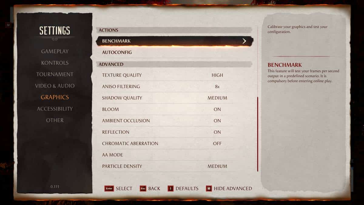A screenshot showcasing the graphics settings and performance benchmarks in Mortal Kombat 1.