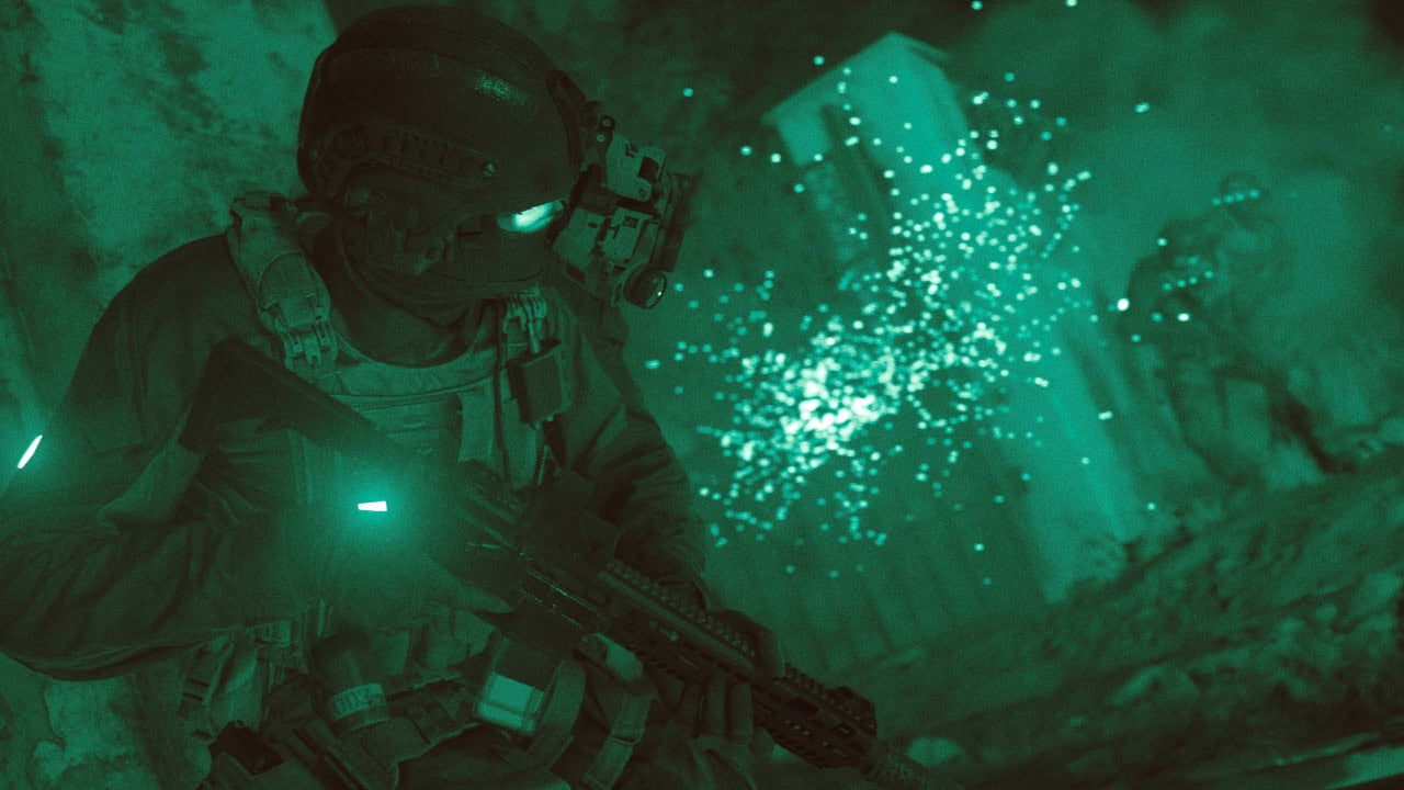 A soldier in tactical gear holding a rifle crouches in a dark, debris-filled room with sparks flying in the background, exemplifying why MW 2019 is still the best looking Call of Duty