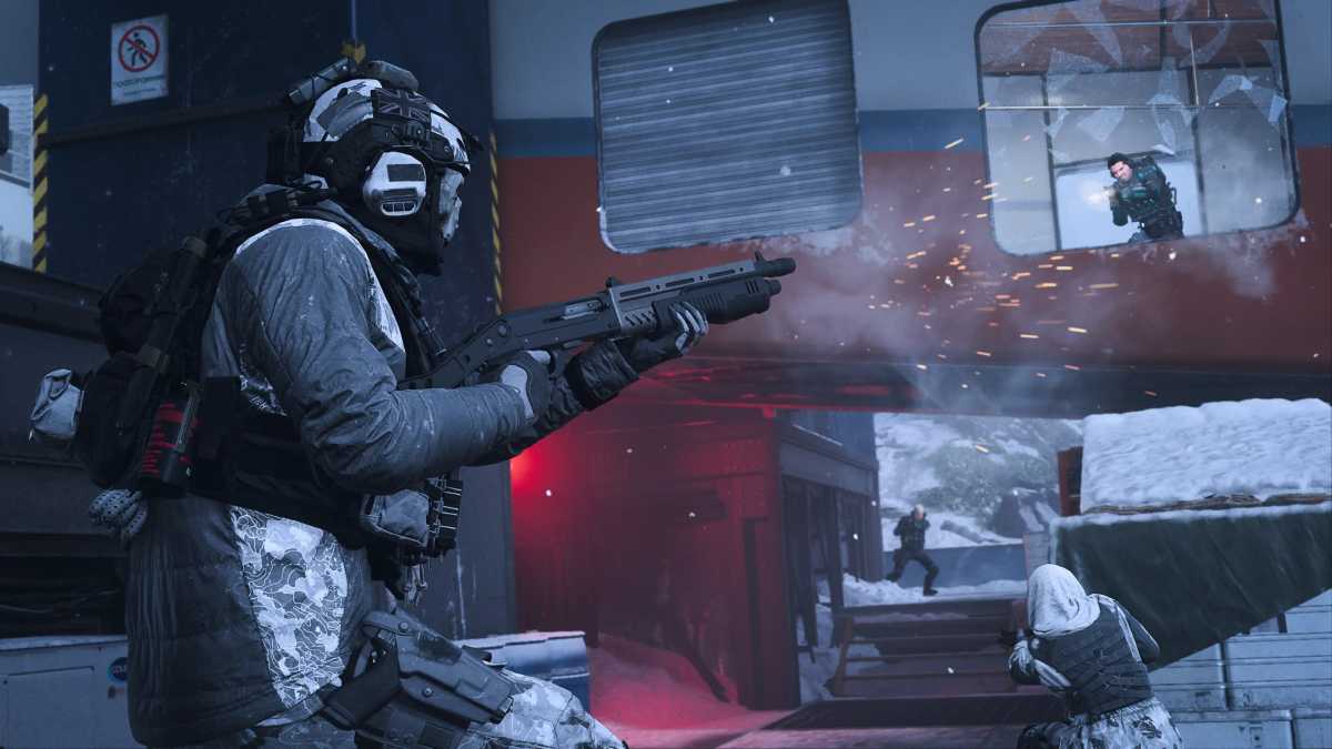 A player aims a shotgun at an opponent near a window in Modern Warfare 3.