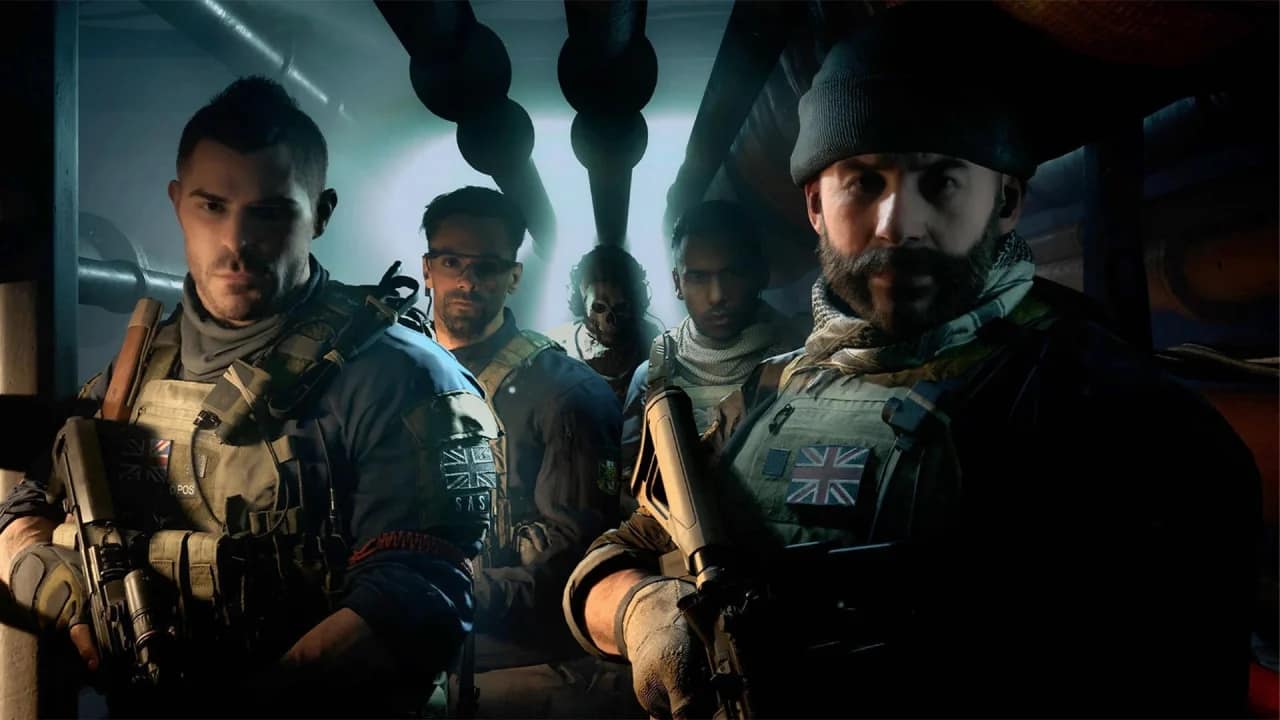 A group of soldiers in a dark room, part of a modern warfare story.