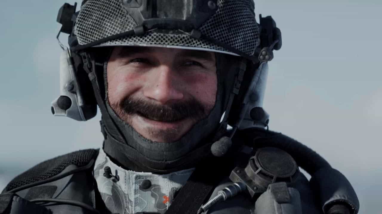 A smiling male soldier wearing a helmet and equipped with tactical gear and a headset against a blurred MW3 sale background.