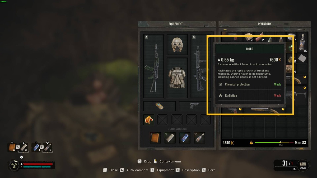 Stalker 2 artifact locations: inventory menu.