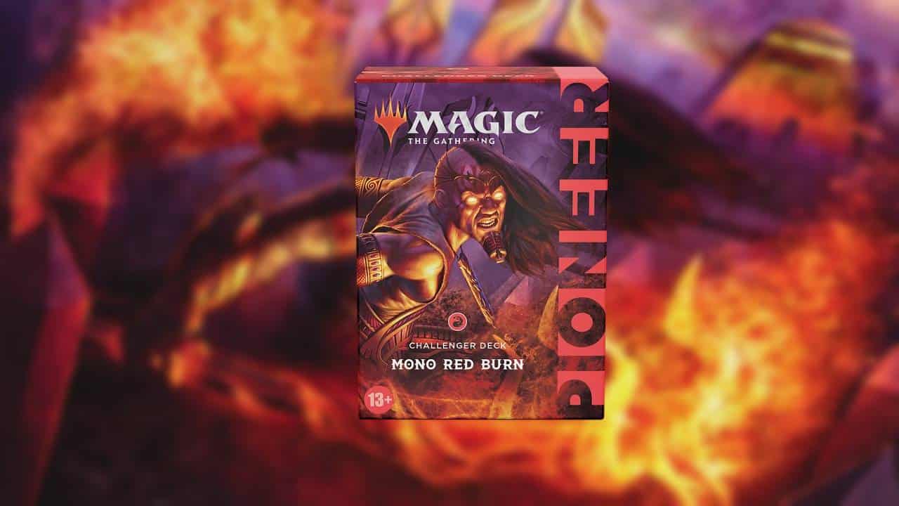 A box of magic the gathering set with a fire on it featuring the best challenger decks.
