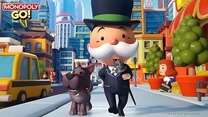 Monopoly GO free dice rolls: monopoly man walking down a street with his dog.