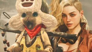 Monster Hunter Wilds Palico screaming about DLSS 4
