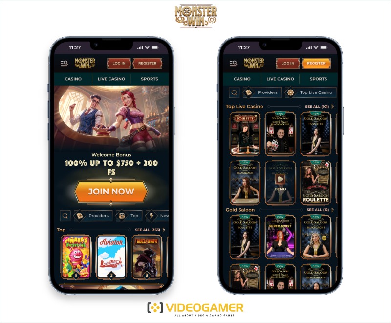 Monsterwin is a casino with fast withdrawals - here depicted on mobile.