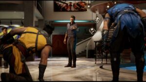 A group of people performing Mortal Kombat 1 combos in a living room.