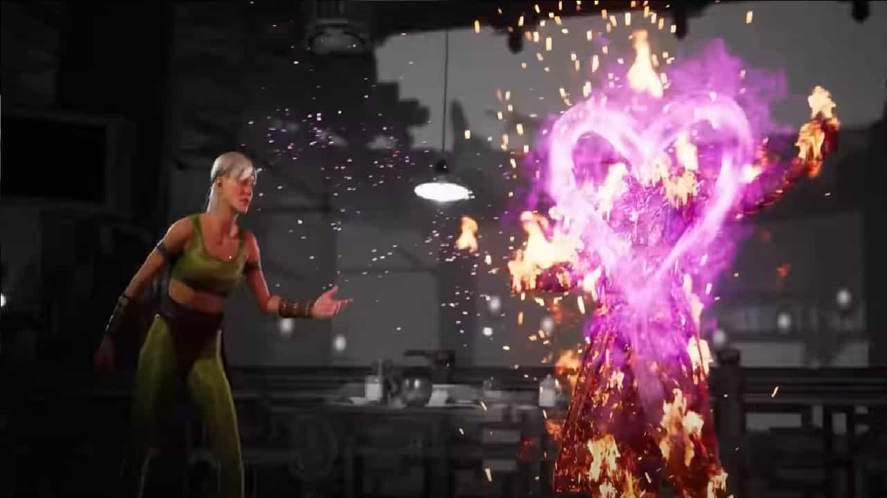 Mortal Kombat 1 fatalities: An image of Sonya's Kiss fatality in the latest Mortal Kombat game.