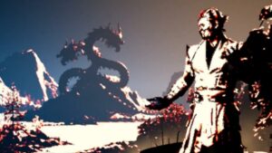 A man with a sword is standing in front of a mountain.
