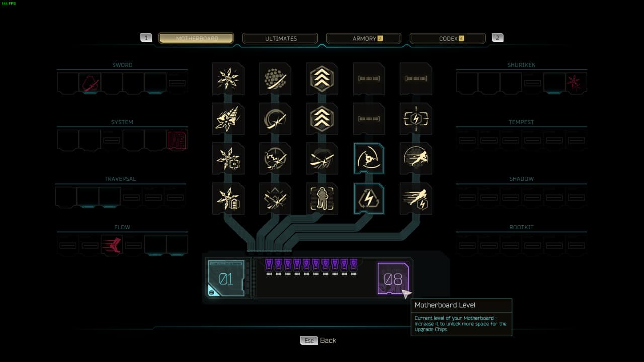 Ghostrunner 2 motherboard memory: motherboard menu showing motherboard level and equipped upgrade chips.