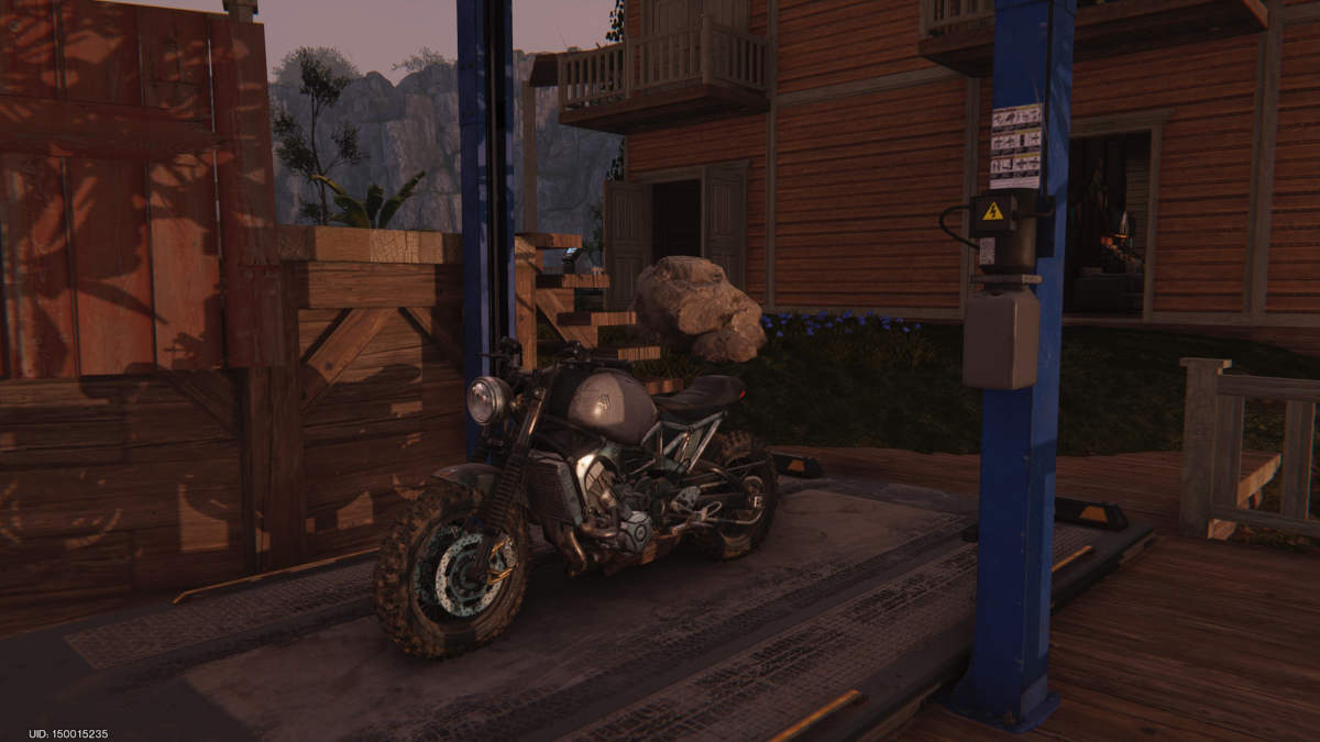 Motorcycle-Vehicle-Once-Human: an image of a motorcyle parked in its garage from Once Human.