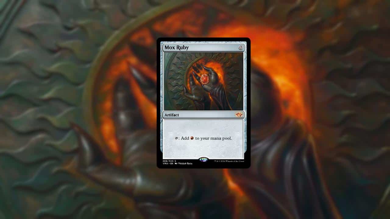 MTG expensive cards - An image of the Mox Ruby card in MTG. Image captured by VideoGamer.