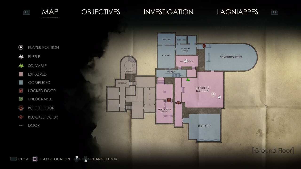 A digital overlay of the "Alone in the Dark: Lagniappe" video game map showing the player's location and various points of interest, with options for objectives and investigation.