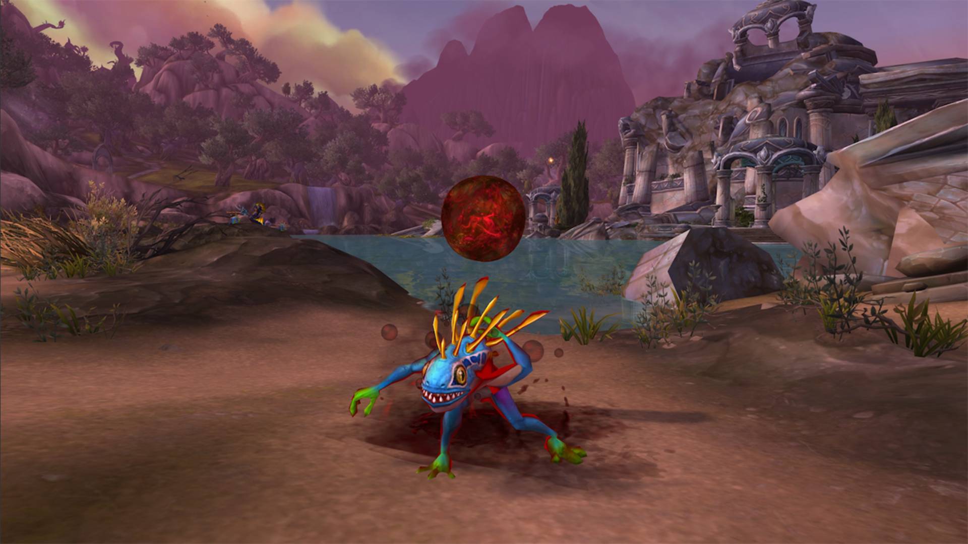 A colorful murloc attacking near ancient ruins in World of Warcraft Legion Remix