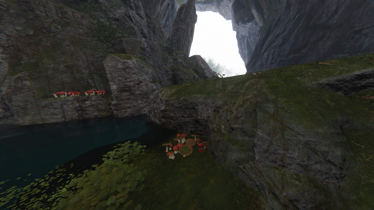 mushroom cave one human: AN image of a dark and wet cave containing lots of red cap mushrooms growing abundantly in a game.