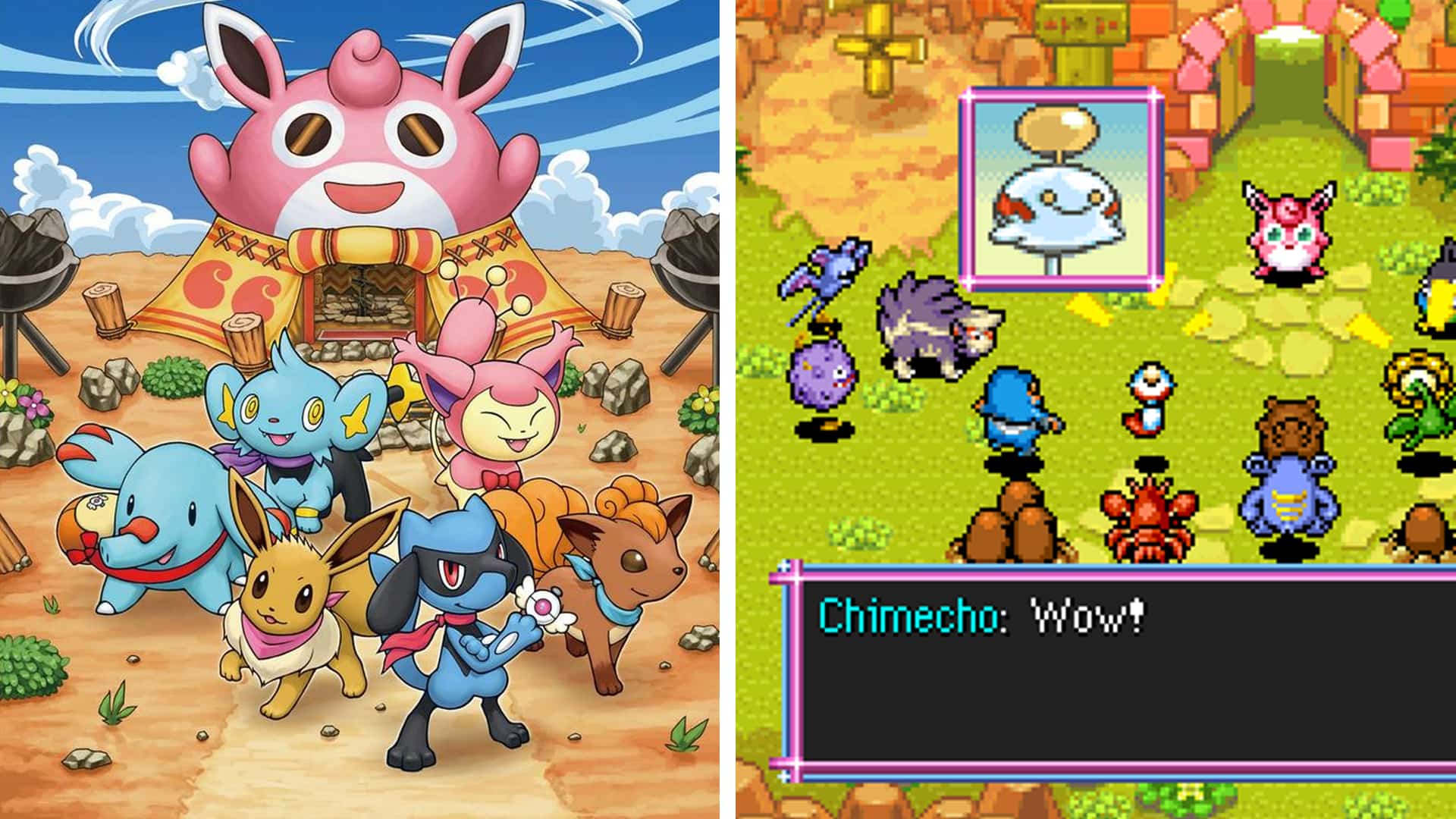 Pokémon gathering at the guild in Pokémon Mystery Dungeon: Explorers of Sky