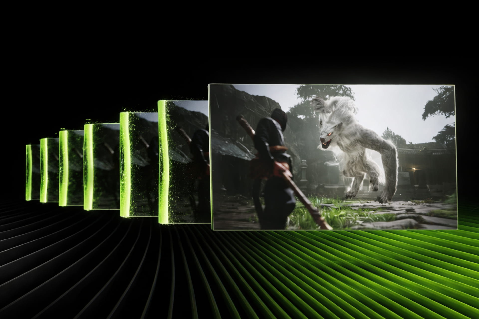 A cinematic 3D render illustrating NVIDIA DLSS 44, showing a sequence of translucent green-edged frames progressing from blurred to sharp detail.