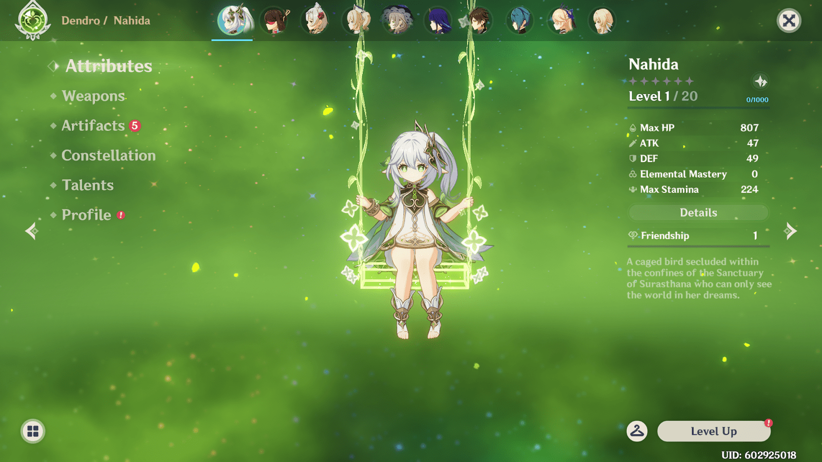 Nahida in the character menu in Genshin Impact.
