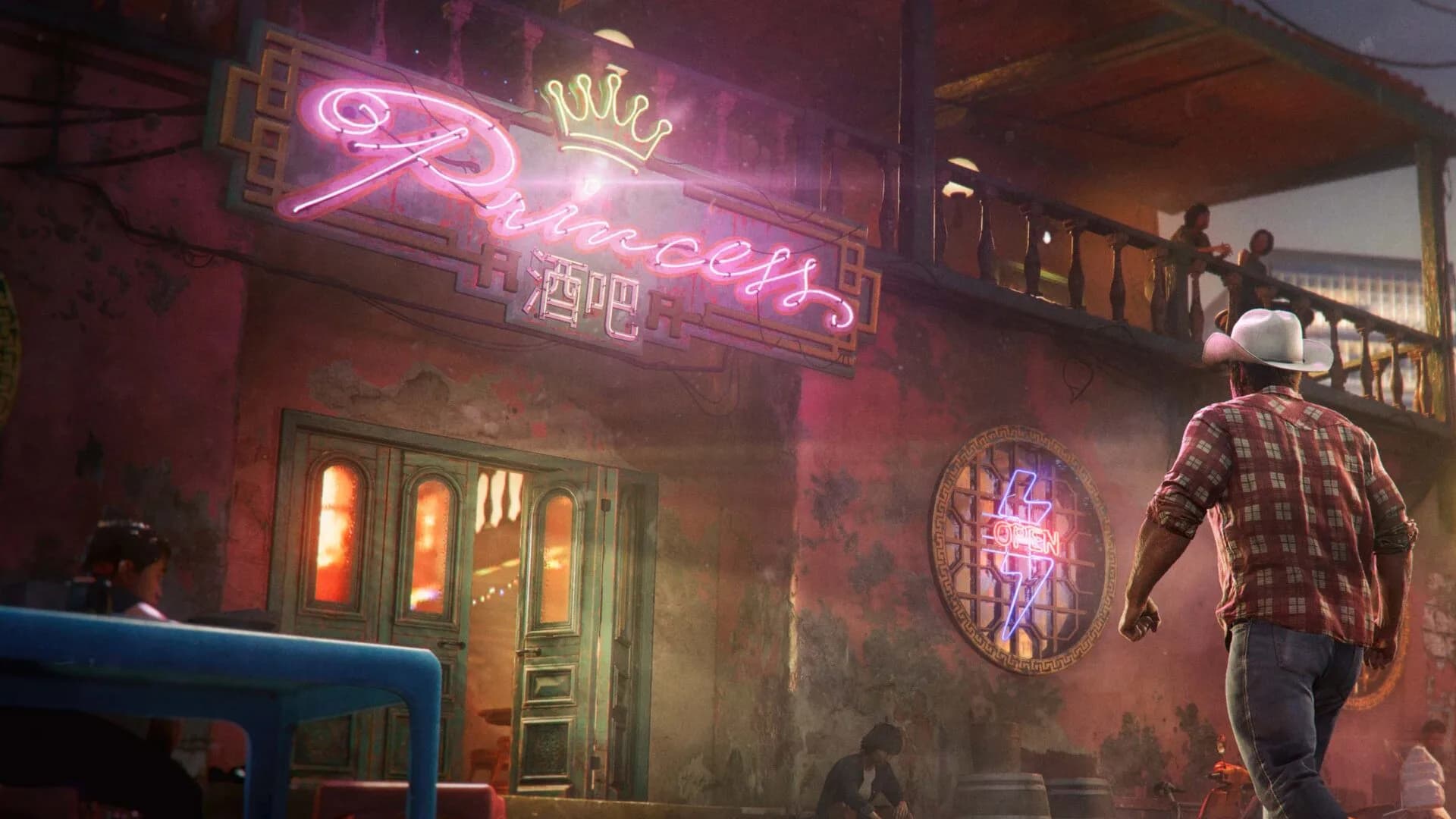 Wolverine walking to neon bar entrance