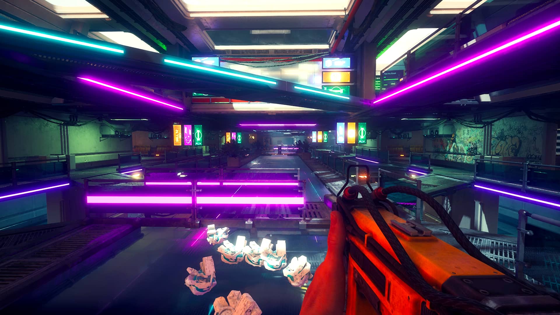 Player exploring a neon-lit train carriage filled with futuristic lights and loot in Enginefall