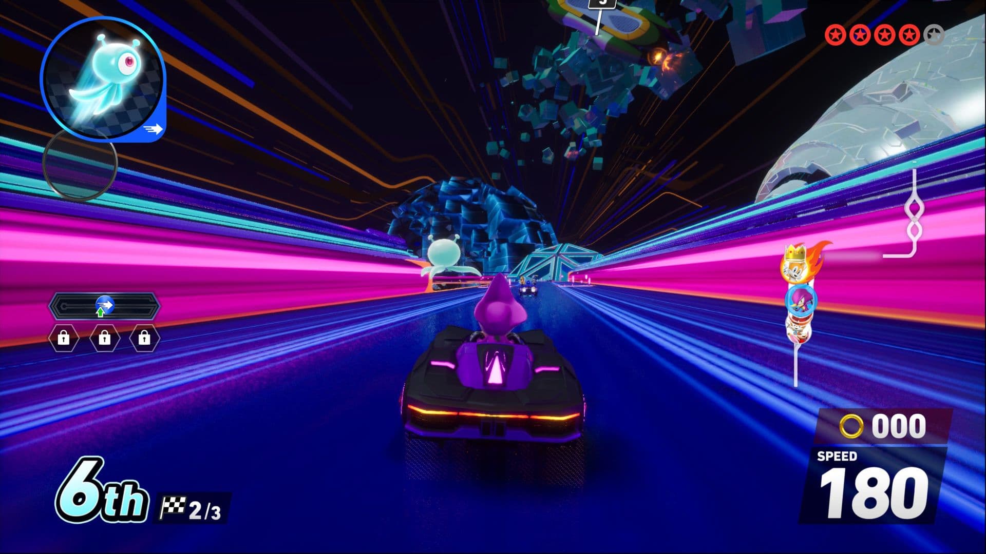 High-speed neon tunnel race in Sonic Racing CrossWorlds showing sixth-place progress