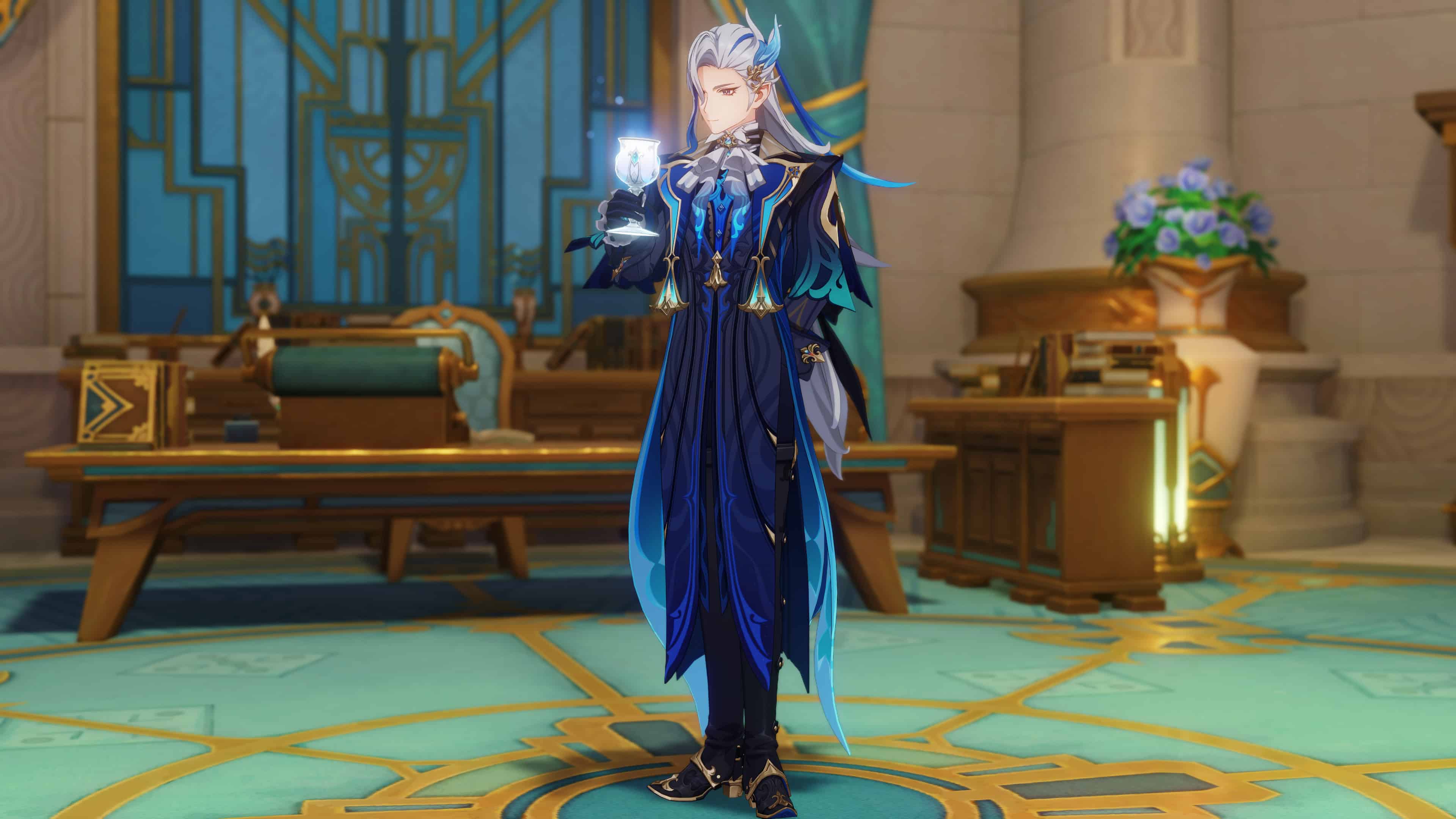genshin impact best builds for neuvillette - a character with white har wearing blue drinks from a glass