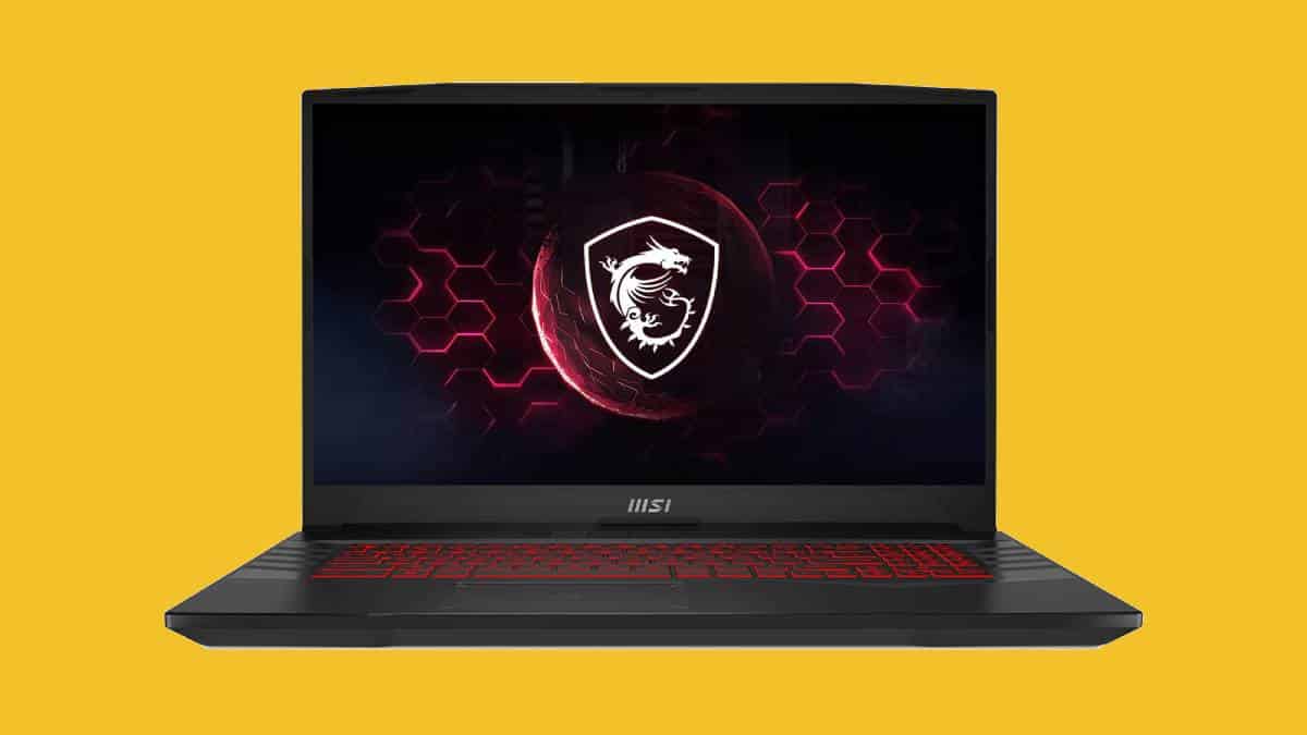 A black laptop with a red logo on a yellow background.