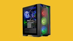 A computer case with colorful lights on a yellow background.