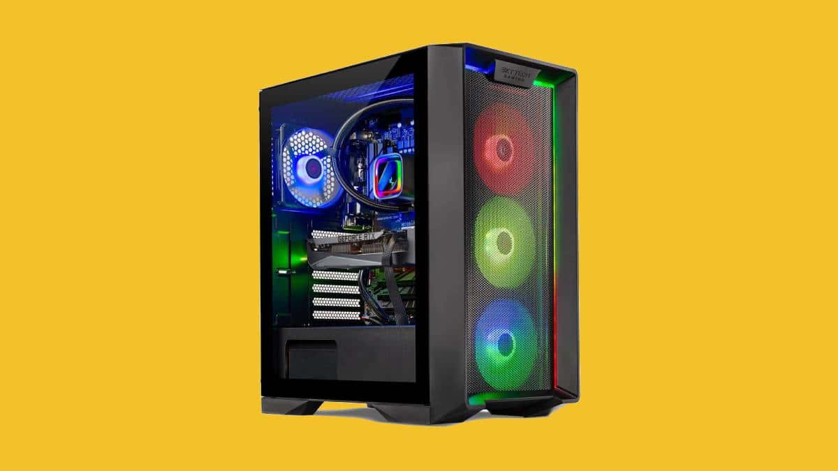 A computer case with colorful lights on a yellow background.