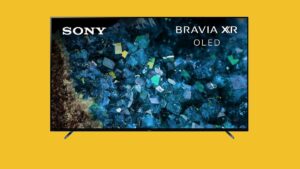 The sony brava axr oled tv on a yellow background.