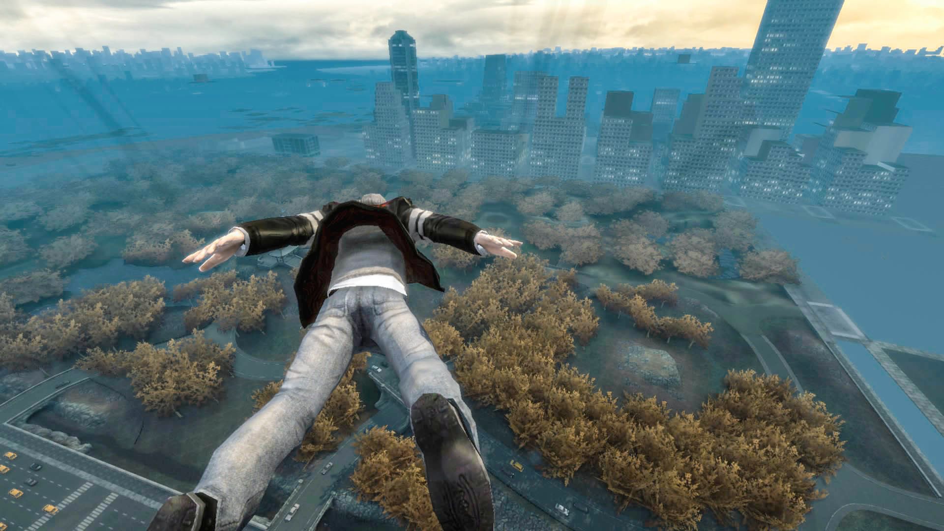 Screenshot from Prototype showing Alex Mercer in New York City, highlighting the urban playground and open-world environment where players can run, glide, and leap across buildings.
