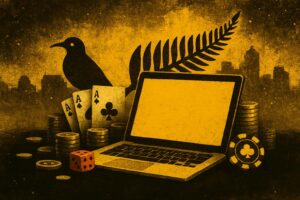 New zealand iconography mixed with online casino symbols next to an open laptop